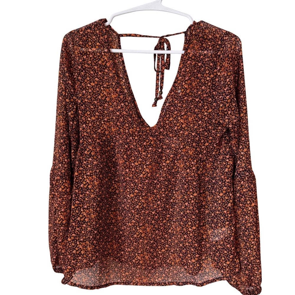 Mossimo Supply Co Womens XS‎ Floral Chiffon Open Back V-Neck Long Sleeve Blouse